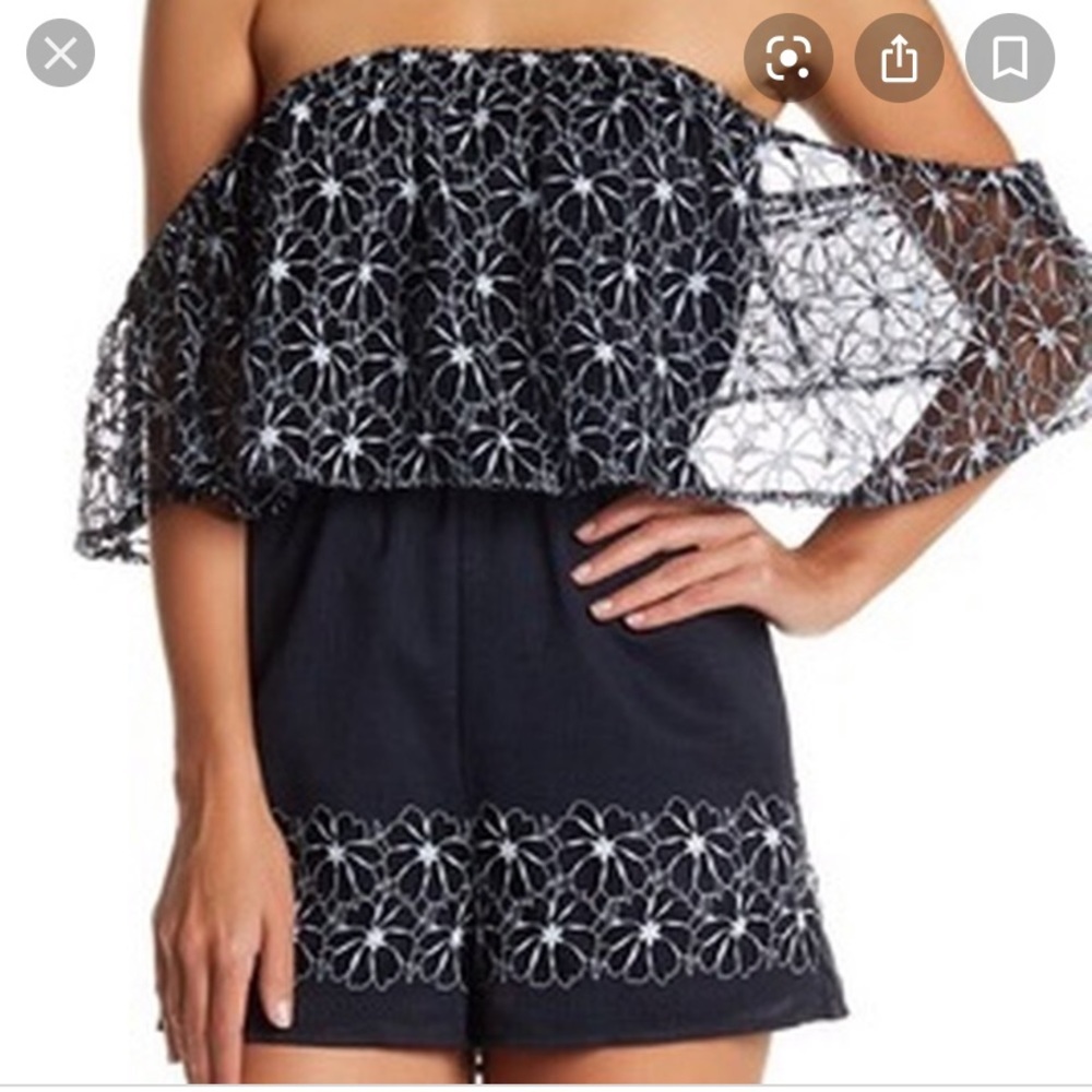 A. Calin Los Angeles Off the Shoulder Blue Romper